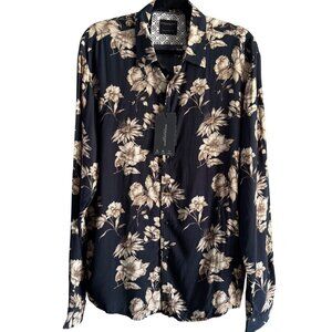 Denim & Flower Mens Shirt XL Floral Button Black & Beige Lightweight